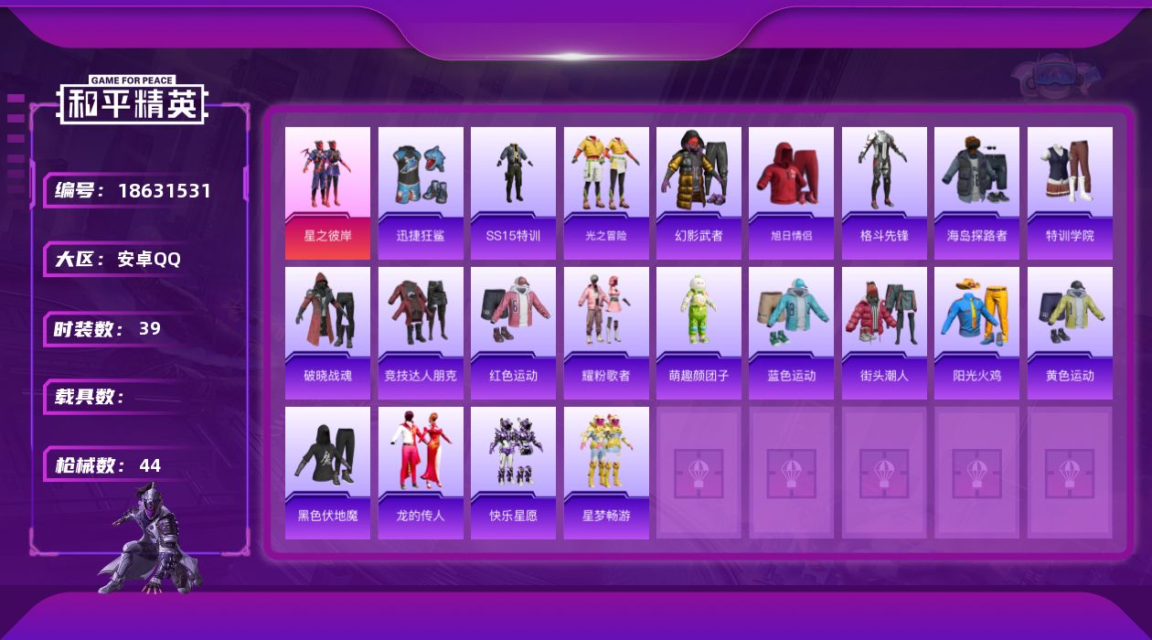 和平精英账号安卓QQ[18631531]安卓 手Q-1粉装-3特效枪-0载具-1粉色飞行器-12487热力值-0王牌印记-39套装-44枪皮
【粉色套装】：粉装-星之彼岸
【粉色枪皮等级】：ACE32-萌骑漫游(三级)，