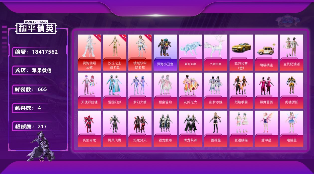 和平精英账号苹果微信 4红装 22粉装 13特效枪 4载具 14印记 可二次 可修改实