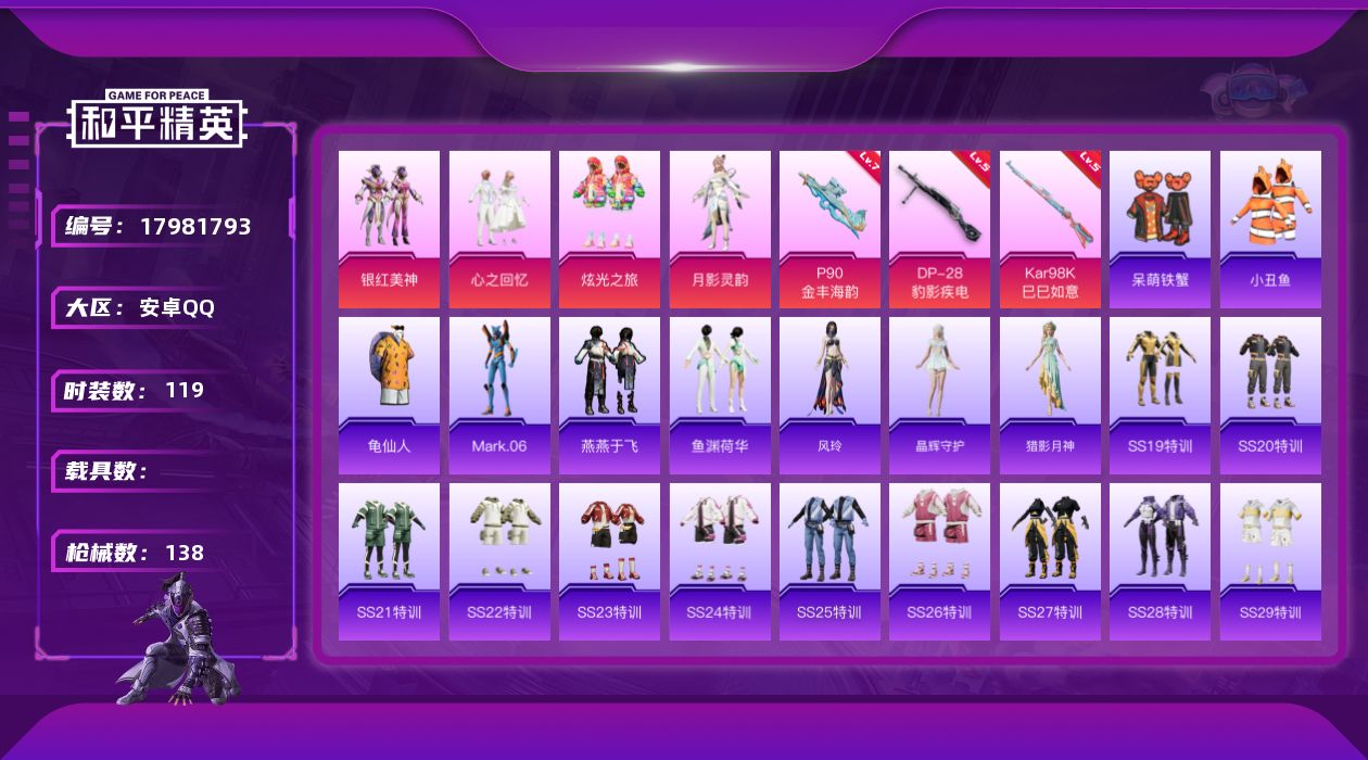 和平精英账号安卓QQ[17981793]安卓 手Q-4粉装-4特效枪-0载具-1粉色飞行器-41862热力值-17王牌印记-119套装-138枪皮
【热门品类】：套装-小丑鱼，套装-龟仙人，角色-Mark.06
【粉色套