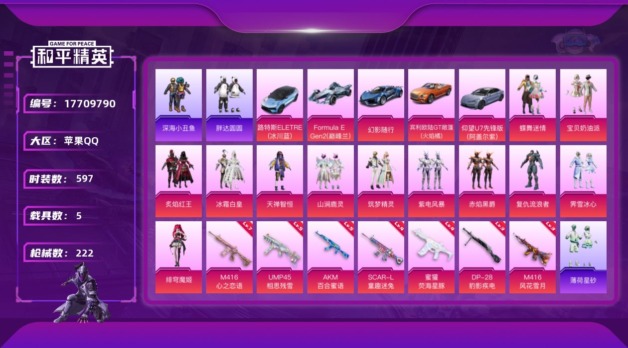 和平精英账号苹果QQ12粉装 7特效枪 5载具 12印记 实名: 可修改 时装数: 597 载具数: 5 枪械数: 22