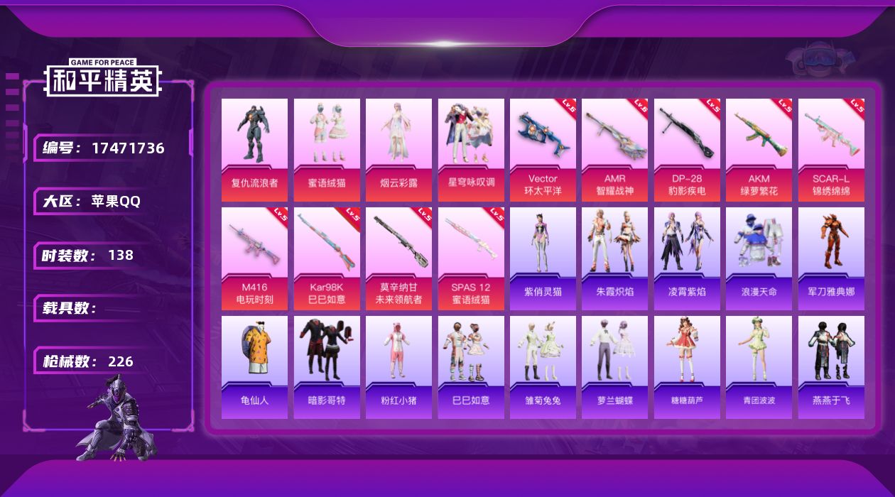 和平精英账号苹果QQ[17471736]苹果 手Q-4粉装-9特效枪-0载具-5粉色飞行器-64641热力值-10王牌印记-138套装-226枪皮
【热门品类】：套装-浪漫天命，角色-军刀雅典娜，套装-龟仙人，套装-暗影