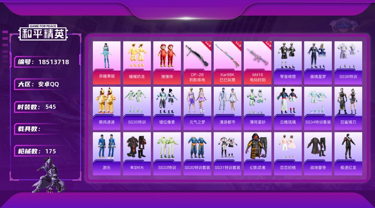 和平精英账号安卓QQ0载具-140套装-175枪皮- 1稀有3粉装5特效枪4热门140套装175枪皮 50067热力值 