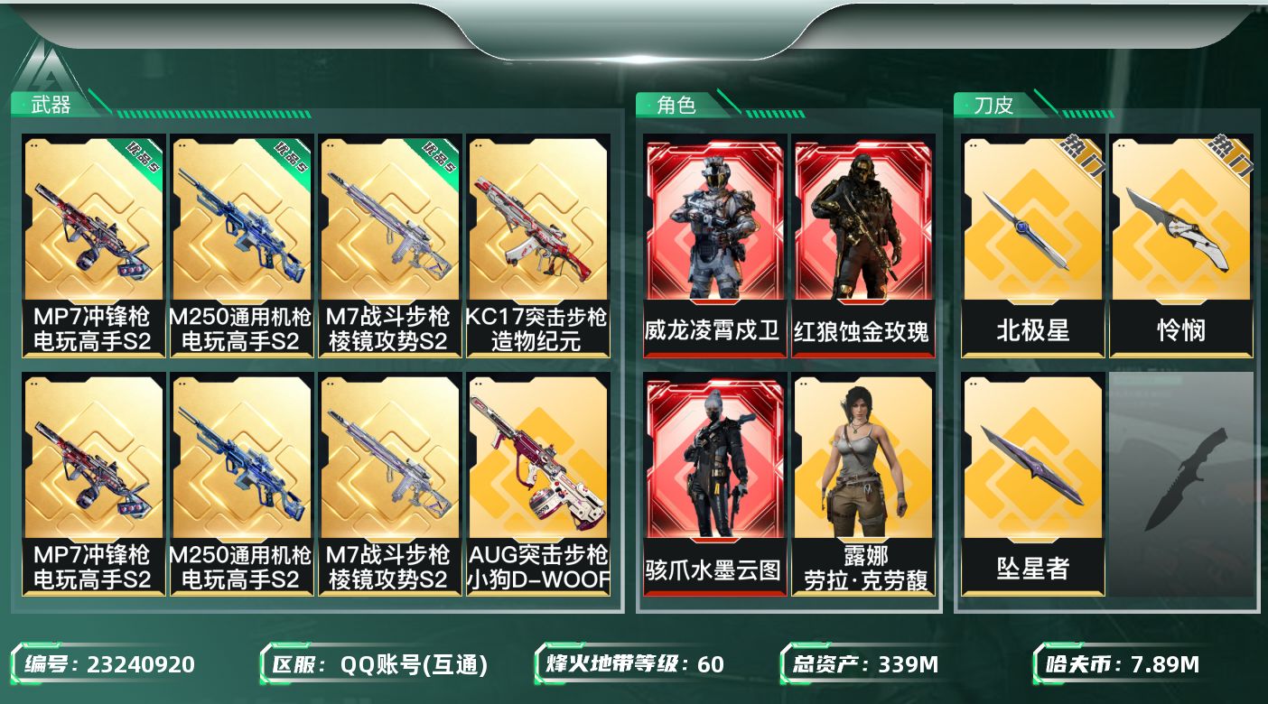 三角洲行动账号QQ[23240920]【7259】xt339m总资产-7896k哈夫币-60烽火等级-钻石-26战场等