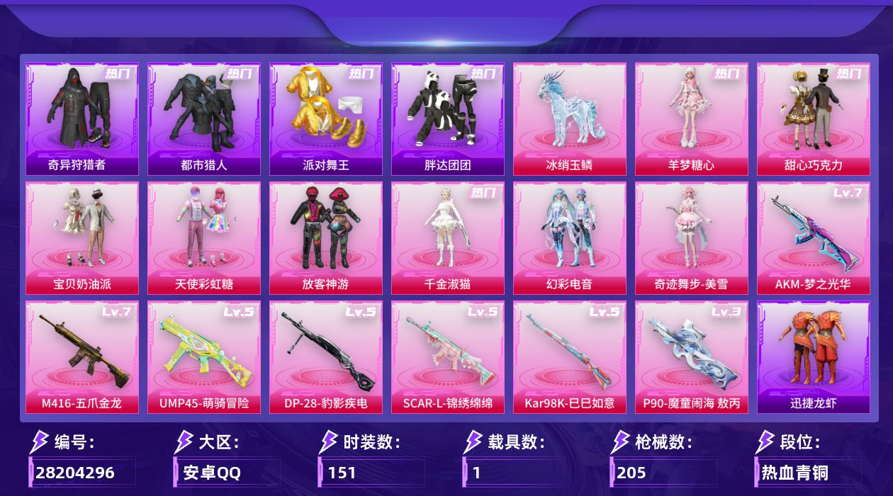 [28204296]安卓手Q-8粉装-7特效枪-1载具-6粉色飞行器-63868热力值-13王牌印记-151套装-205枪皮
【热门品类】：套装-浪漫天命，套装-都市猎人，套装-派对舞王，套装-奇异狩猎者，套装-胖达团团，套装-金羽特工，套装-龟仙人，套装-暗影哥特，套装-粉红小猪
【粉色套装】：粉装-甜心巧克力，粉装-宝贝奶油派，粉装-天使彩虹糖，粉装-放客神游，角色-千金淑猫，粉装-幻彩电音，角色-奇迹舞步 美雪，角色-羊梦糖心
【粉色枪皮等级】：AKM-梦之光华(七级)，SCAR-L-锦绣绵绵(五级)，M416-五爪金龙(七级)，UMP45-萌骑冒险(五级)，P90-魔童闹海 敖丙(三级)，Kar98K-巳巳如意(五级)，DP-28-豹影疾电(五级)
【粉色载具】：冰绡玉鳞
【粉色枪皮】：AKM-梦之光华，SCAR-L-锦绣绵绵，M416-五爪金龙，UMP45-萌骑冒险，P90-魔童闹海 敖丙，Kar98K-巳巳如意，DP-28-豹影疾电
【粉色飞行器】：炫彩糖果飞行器，凤舞九天飞行器，万象金身飞行器，幻星舰长飞行器，飞天猪飞行器，灵珠游龙飞行器
【粉色降落伞】：百万伏特降落伞，甜心宝贝降落伞，彩虹甜喵降落伞，第五大道降落伞，万古烈焰降落伞，圣堂之誓降落伞，猪猪侠降落伞，千金淑猫降落伞，金蛇镇世降落伞，智耀战神降落伞，魔童闹海 哪吒降落伞，异瞳寒姬降落伞，炫彩糖果降落伞
【稀有套装】：套装-龟仙人，套装-巳巳如意，套装-小鸟芋圆，套装-炫彩糖果，套装-迅捷龙虾，套装-恋语绒绒，套装-糖糖葫芦，套装-青团波波，套装-棉花软糖，套装-燕燕于飞，套装-鱼渊荷华，角色-风玲，套装-粉恋花，套装-紫幽梦，套装-蓝冰羽，角色-瑰梦爱神，套装-极速光影，套装-彩虹兔，套装-云朵鹅，套装-雪绒豹，套装-朱霞炽焰，套装-凌霄紫焰，套装-擎苍青焰，玩偶服-喜羊羊，套装-雨过天青，套装-红釉青花
【稀有枪皮】：AUG-冰晶雪宝，AKM-生命誓言，AKM-缤纷海域，AKM-虎虎生威，AKM-龙的传人，M16A4-蓝色火焰，SCAR-L-夜灯，SCAR-L-暗夜玫瑰，SCAR-L-玉兔迎春，SCAR-L-银河战甲，SCAR-L-黄金龙骨，SCAR-L-冷漠罗丽，M416-糯团青竹，M416-蓝色火焰，GROZA-异彩先驱，GROZA-影袭，GROZA-懵萌河马，GROZA-田园牧歌，AUG-天降萌叽，A