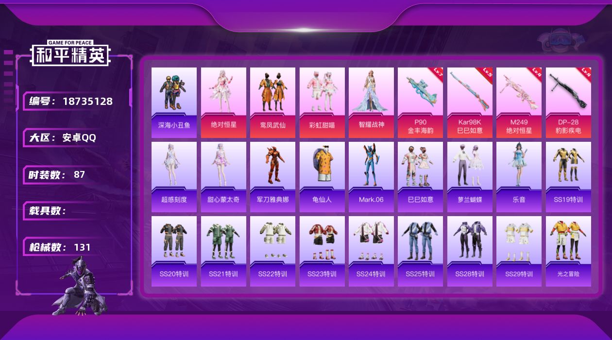 和平精英账号安卓QQ[18735128]安卓 手Q-4粉装-6特效枪-0载具-1粉色飞行器-38832热力值-3王牌印记-87套装-131枪皮
【热门品类】：套装-深海小丑鱼，角色-军刀雅典娜，套装-龟仙人，角色-Mar
