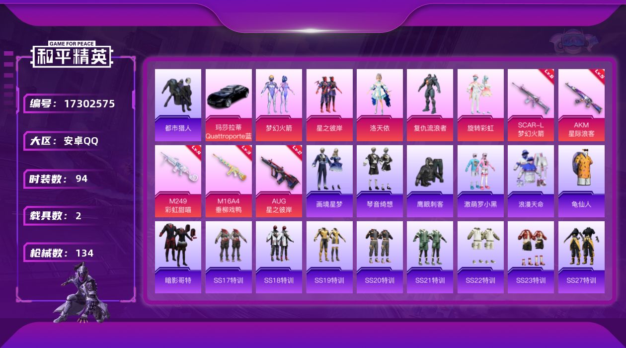 和平精英账号安卓QQ[17302575]【店主推荐捡漏号！可直接换绑】安卓 手Q-1神装-5粉装-8特效枪-2载具-7粉色飞行器-50874热力值-11王牌印记-94套装-134枪皮【红色神装等级】：天马神君-驭风(一级