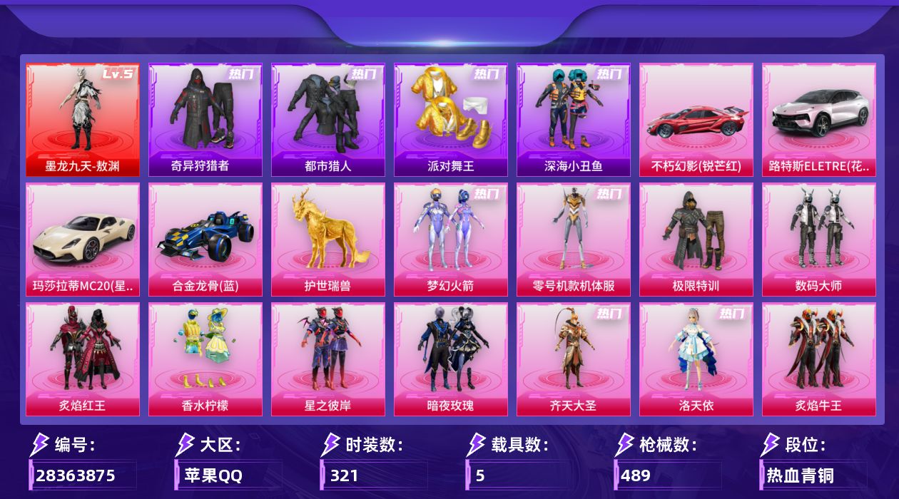 [28363875]苹果手Q-历史最高段位：传奇王牌20星-1神装-23粉装-20特效枪-5载具-18粉色飞行器-173533热力值-24王牌印记-321套装-489枪皮
【红色神装等级】：墨龙九天-敖渊(五级)
【红色角色神装】：墨龙九天-敖渊
【热门品类】：粉装-梦幻火箭，粉装-零号机款机体服，绝对防御上衣，套装-浪漫天命，套装-都市猎人，套装-派对舞王，套装-深海小丑鱼，套装-小丑鱼，套装-奇异狩猎者，套装-星河浪客，套装-龟仙人，套装-潮萌小黄鸭，套装-暗影哥特，套装-浪漫波比，套装-粉红小猪，角色-Mark.06，大砍刀-青龙偃月刀，撬棍-龙胆亮银枪
【粉色套装】：粉装-极限特训，粉装-数码大师，粉装-梦幻火箭，粉装-炙焰红王，粉装-香水柠檬，粉装-星之彼岸，粉装-暗夜玫瑰，粉装-齐天大圣，角色-洛天依，角色-零号机款机体服，粉装-炙焰牛王，粉装-霞光圣骑，粉装-勇猛狮王，角色-烟云彩露，角色-小蓝，角色-星空武士，套装-创世·救赎，角色-初号机 觉醒Ver.，角色-月影灵韵，粉装-星穹咏叹调，角色-狂魅哈莉，角色-冷漠罗丽，角色-特战灵喵
【粉色枪皮等级】：AKM-炫紫旋律(七级)，AKM-绿萝繁花(五级)，SCAR-L-锦绣绵绵(五级)，SCAR-L-金蛇镇世(三级)，M416-五爪金龙(一级)，M416-至情至圣(九级)，M416-电玩时刻(五级)，M416-墨龙九天(三级)，AUG-暖羊咩咩(五级)，M762-激战未来(五级)，蜜獾-辉耀战甲(四级)，ARX-神木藏锋(五级)，UMP45-相思残雪(七级)，UMP45-宇宙意志(三级)，Vector-流风之羽(五级)，汤姆逊-怪笑疯兔(五级)，AKS-74U-森灵之息(五级)，Kar98K-巳巳如意(五级)，DP-28-豹影疾电(五级)，MG3-洛神天依(四级)
【粉色载具】：不朽幻影（锐芒红），路特斯ELETRE（花绽灰），玛莎拉蒂MC20（星石白），合金龙骨（蓝），护世瑞兽
【粉色枪皮】：AKM-炫紫旋律，AKM-绿萝繁花，SCAR-L-锦绣绵绵，SCAR-L-金蛇镇世，M416-五爪金龙，M416-至情至圣，M416-电玩时刻，M416-墨龙九天，AUG-暖羊咩咩，M762-激战未来，蜜獾-辉耀战甲，ARX-神木藏锋，UMP45-相思残雪，UMP45-宇宙意志，Vector-流风之羽，汤姆逊-怪笑疯兔，AKS-