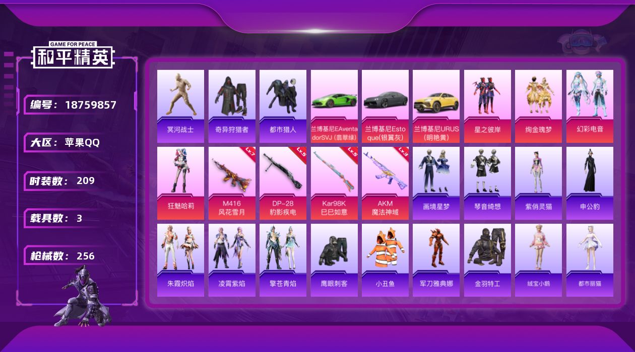和平精英账号苹果QQ[18759857]209套装/枪械5/装备256/载具3/战备194/王牌印记21/热力值79300/三级AKM-魔法神域/七级M416-风花雪月/五级Kar98K-巳巳如意/五级Mk14-福马献瑞