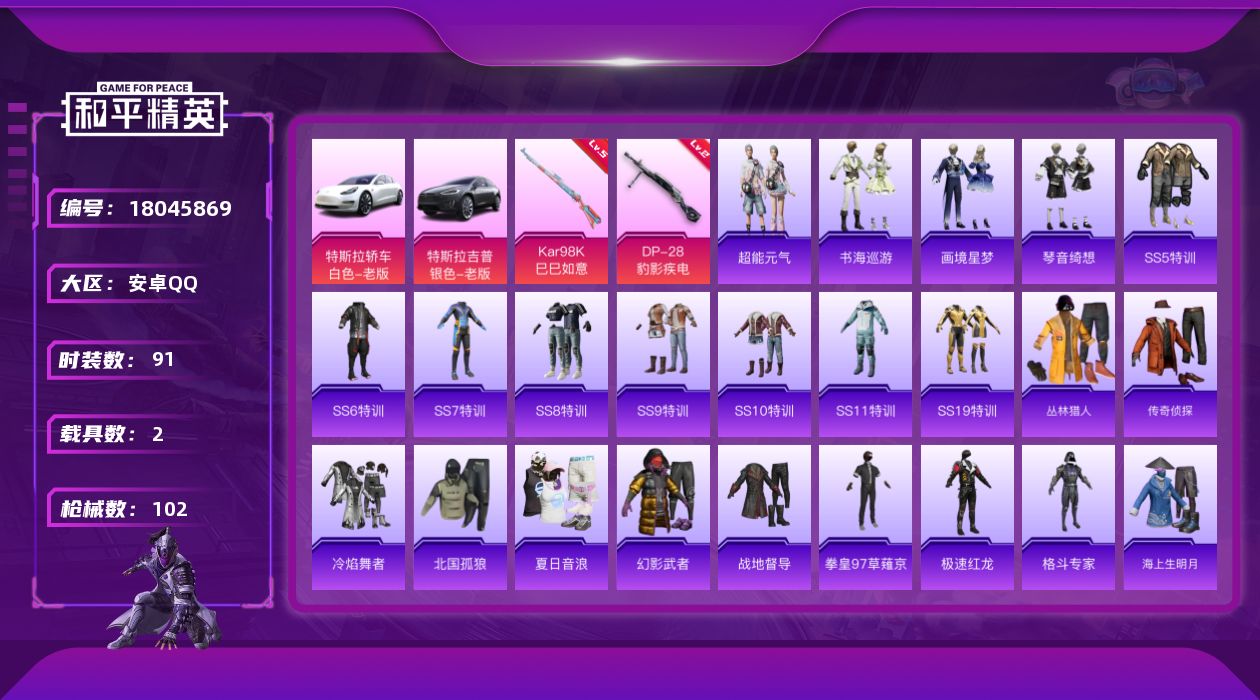 和平精英账号安卓QQ[18045869]【店主推荐捡漏号】安卓 手Q-0粉装-4特效枪-2载具-2粉色飞行器-32111热力值-1王牌印记-91套装-102枪皮【粉色枪皮等级】：ACE32-萌骑漫游(一级)，Kar98K