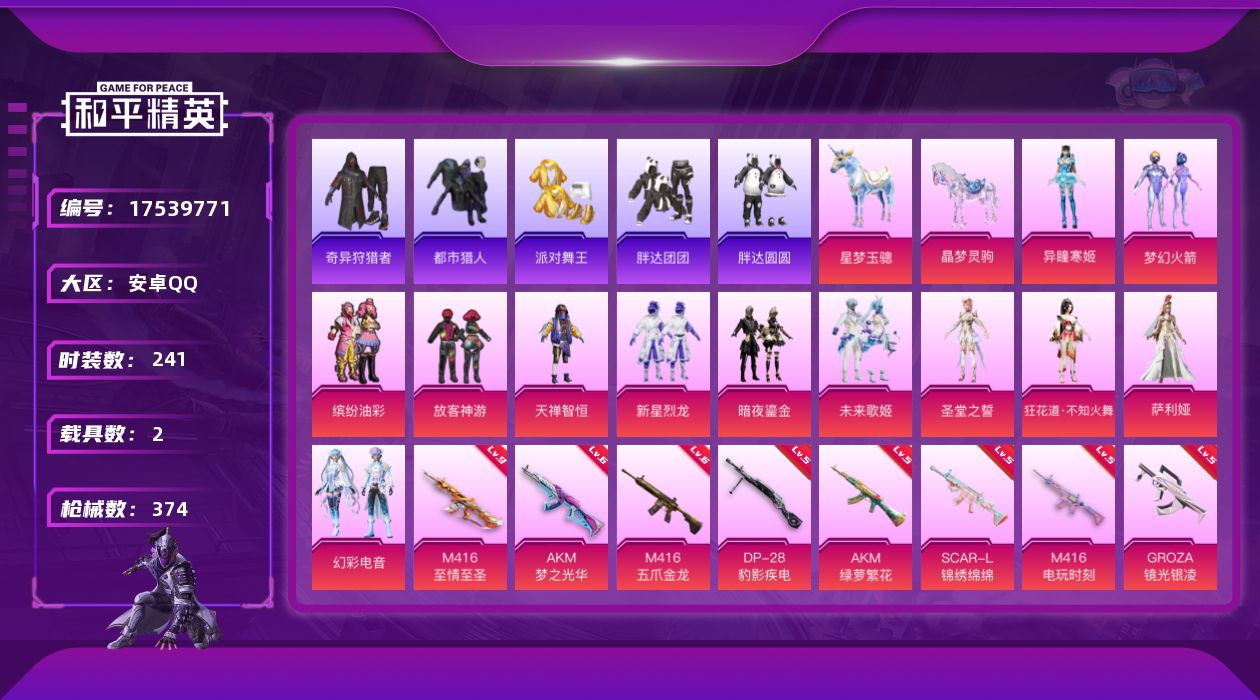 和平精英账号安卓QQ[17539771]安卓 手Q-无敌战神框-12粉装-25特效枪-2载具-7粉色飞行器-127475热力值-19王牌印记-241套装-374枪皮
【热门品类】：粉装-梦幻火箭，粉装-缤纷油彩，绝对防御