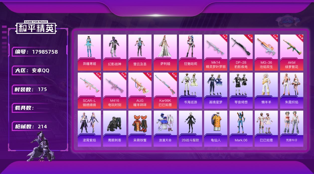 和平精英账号安卓QQ[17985758]安卓 手Q-5粉装-12特效枪-0载具-1粉色飞行器-61488热力值-17王牌印记-175套装-214枪皮
【热门品类】：套装-浪漫天命，套装-AG战队服，角色-2B战斗服款，套