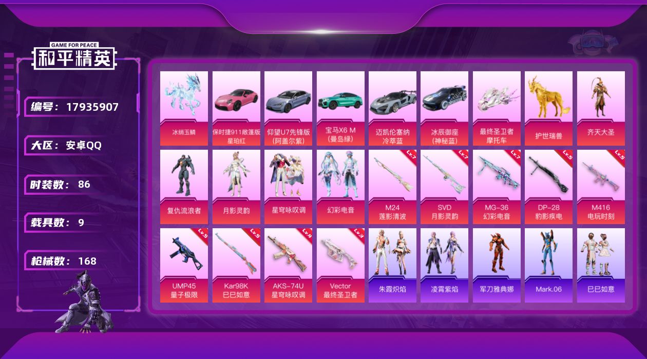 和平精英账号安卓QQ[17935907]【特价出售/店主推荐】安卓 手Q-5粉装-10特效枪-9载具-11粉色飞行器-59928热力值-10王牌印记-86套装-168枪皮
【热门品类】：角色-军刀雅典娜，角色-Mark.