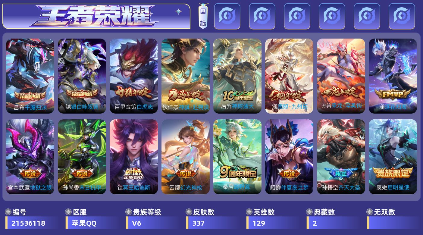 王者荣耀账号苹果QQ[21536118]"XY948 包人脸苹果Q-V8-至尊星耀III段位-129英雄-337皮肤-2典藏皮肤-14传说-108史诗
【英雄全皮·3】：孙权全皮，苏烈全皮，空空儿全皮
【荣耀典藏·2】：