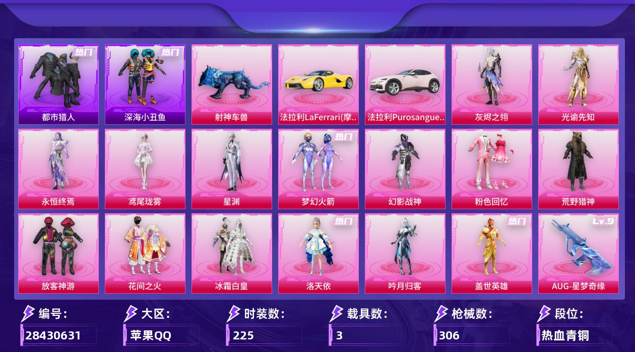 [28430631]苹果手Q-历史最高段位：绝世王牌18星-15粉装-14特效枪-3载具-6粉色飞行器-109095热力值-17王牌印记-225套装-306枪皮
【热门品类】：粉装-梦幻火箭，套装-浪漫天命，套装-都市猎人，套装-深海小丑鱼，套装-龟仙人，套装-暗影哥特，套装-浪漫波比，套装-粉红小猪，M416-星际漫游
【粉色套装】：角色-灰烬之翎，粉装-幻影战神，粉装-粉色回忆，粉装-荒野猎神，粉装-梦幻火箭，粉装-放客神游，粉装-花间之火，粉装-冰霜白皇，角色-洛天依，粉装-吟月归客，粉装-盖世英雄，角色-星渊，角色-鸢尾珑雾，角色-光谕先知，角色-永恒终焉
【粉色枪皮等级】：AKM-炫紫旋律(五级)，AKM-阿良(三级)，SCAR-L-锦绣绵绵(五级)，M416-五爪金龙(七级)，M416-风花雪月(一级)，AUG-星梦奇缘(九级)，MP7-G-水中影(一级)，P90-诸神·破晓(六级)，Kar98K-巳巳如意(四级)，Mk14-福马献瑞(五级)，M417-灰烬之翎(一级)，AA12-G-其乐融融(五级)，DP-28-豹影疾电(五级)，97MG-夜鸢箴言(一级)
【粉色载具】：法拉利LaFerrari（摩德纳黄），法拉利Purosangue（珊瑚粉），射神车兽
【粉色枪皮】：AKM-炫紫旋律，AKM-阿良，SCAR-L-锦绣绵绵，M416-五爪金龙，M416-风花雪月，AUG-星梦奇缘，MP7-G-水中影，P90-诸神·破晓，Kar98K-巳巳如意，Mk14-福马献瑞，M417-灰烬之翎，AA12-G-其乐融融，DP-28-豹影疾电，97MG-夜鸢箴言
【粉色飞行器】：炫彩糖果飞行器，灰烬之翎飞行器，梦幻火箭飞行器，星之彼岸飞行器，萌物绒绒飞行器，星罗盘飞行器
【粉色降落伞】：灰烬之翎降落伞，极限特训降落伞，幻影战神降落伞，至尊龙雀降落伞，梦幻火箭降落伞，神秘黑猫降落伞，童趣迷兔降落伞，香水柠檬降落伞，王牌四分卫降落伞，暗夜玫瑰降落伞，橘柚倾心降落伞，彩虹甜喵降落伞，旋转彩虹降落伞，未来歌姬降落伞，繁龙极客降落伞，星梦奇缘降落伞，忍者神龟降落伞，绯穹魔姬降落伞，炫彩糖果降落伞，镜花水月降落伞，仙逆降落伞，夜鸢箴言降落伞
【稀有套装】：套装-龟仙人，套装-炫彩糖果，套装-遗迹猎人，套装-云宝联名款，套装-其乐融融，套装-彩旗巡礼，角色-沧漩之缚，套装-疾风竞速，套装-星渊小夜曲