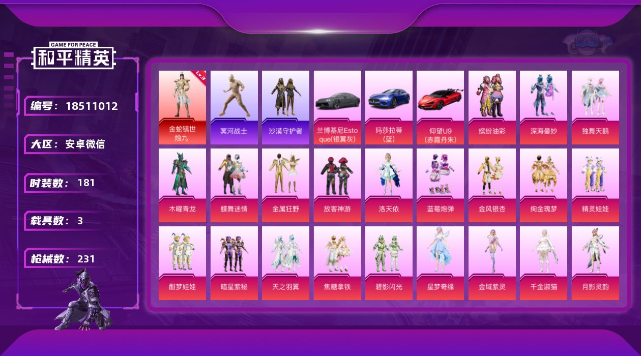 和平精英账号安卓微信[18511012]安卓 微信-木乃伊！沙漠守护者！1神装-22粉装-14特效枪-3载具-13粉色飞行器-98033热力值-11王牌印记-181套装-231枪皮
【红色神装等级】：金蛇镇世-烛九(三级