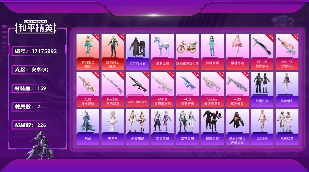 和平精英账号安卓QQ[17175892]"DAS9632包人脸 安卓Q-2红装1稀有2载具2粉装10特效枪7热门159套装226枪皮 73942热力值 10印记 历史超级王牌15星 辉羽雀灵-初翊 (3级) 幽焰骑士-维