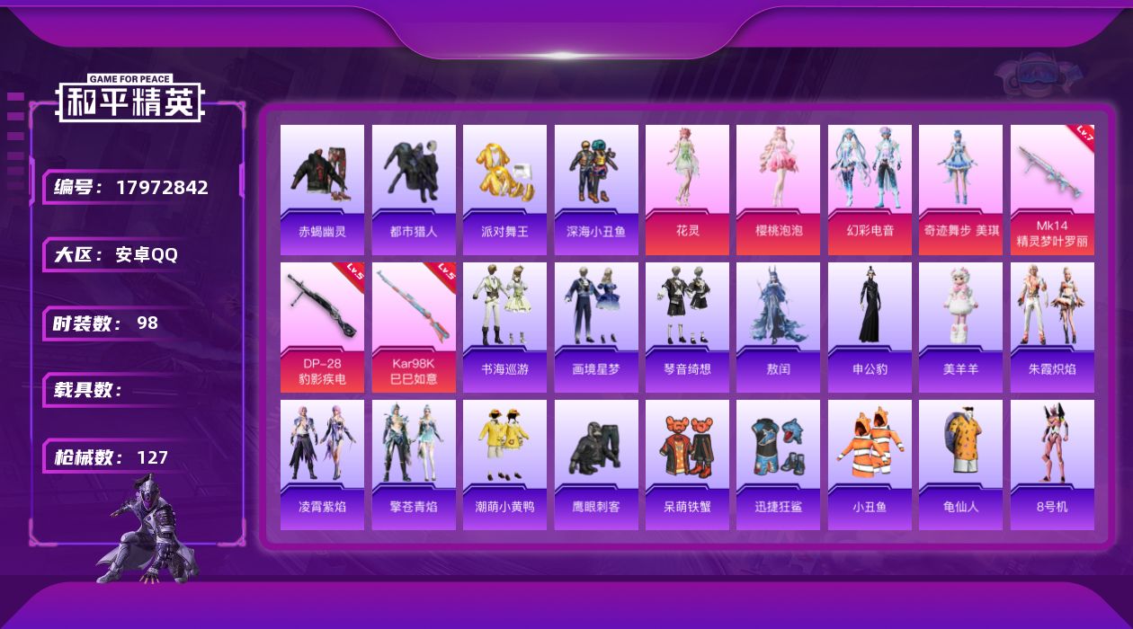 和平精英账号安卓QQ[17972842]安卓 手Q-无敌战神框-4粉装-3特效枪-0载具-1粉色飞行器-36914热力值-5王牌印记-98套装-127枪皮
【热门品类】：套装-赤蝎幽灵，套装-都市猎人，套装-派对舞王，套