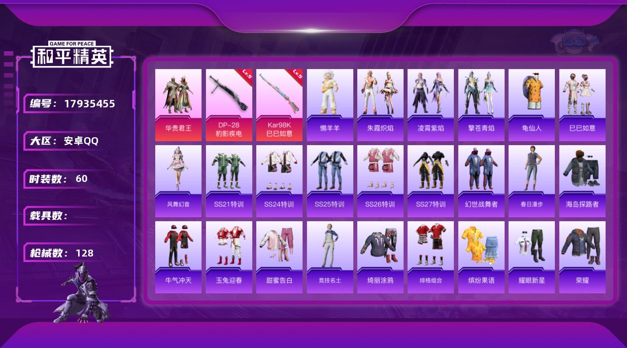 和平精英账号安卓QQ[17935455]可二次【特价出售/店主推荐】安卓 手Q-1粉装-3特效枪-1粉色飞行器-29496热力值-1王牌印记-60套装-128枪皮【热门品类】：套装-龟仙人【粉色套装】：粉装-华贵君王【粉