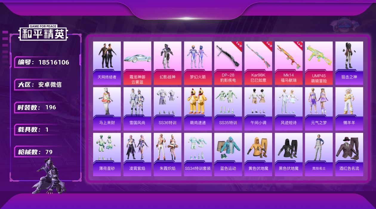 和平精英账号安卓微信2粉装 4特效枪 1载具 1印记 可二次 可修改实名 
【热门装扮】梦幻火箭(新101) ,幻影战神
