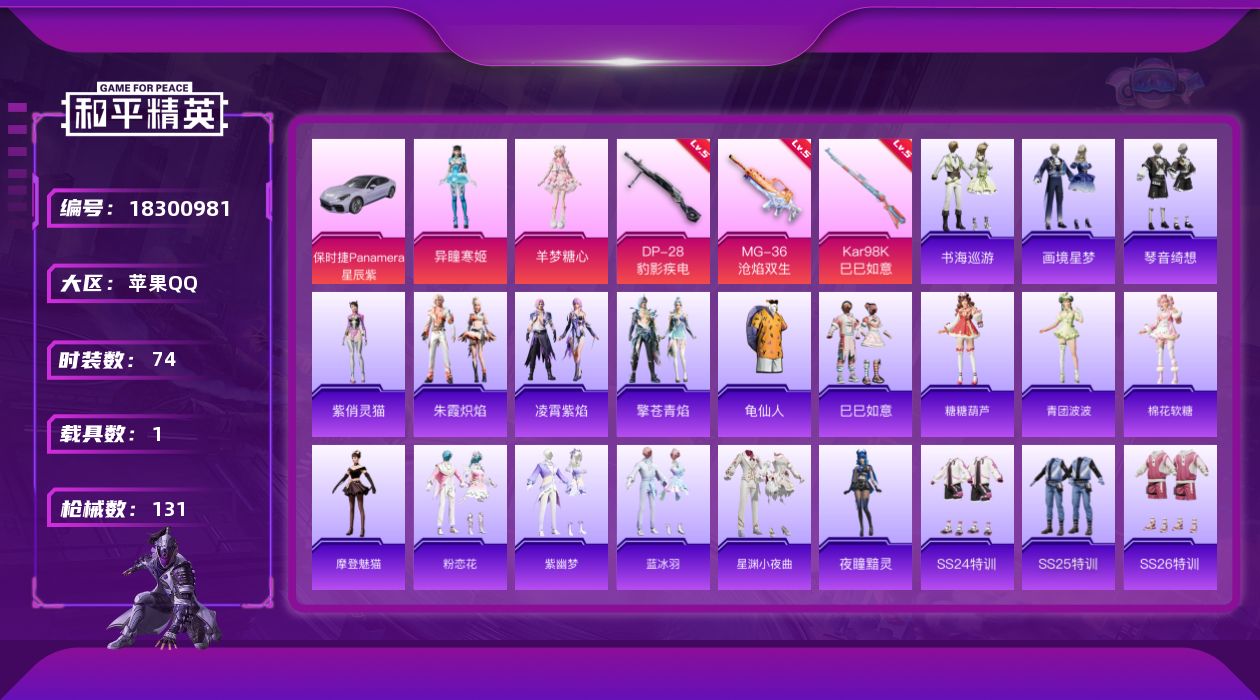 和平精英账号苹果QQ[18300981]地铁满天赋！！！【特价出售/店主推荐】苹果 手Q-2粉装-3特效枪-1载具-2粉色飞行器-36421热力值-8王牌印记-74套装-131枪皮
【热门品类】：套装-龟仙人
【粉色套装