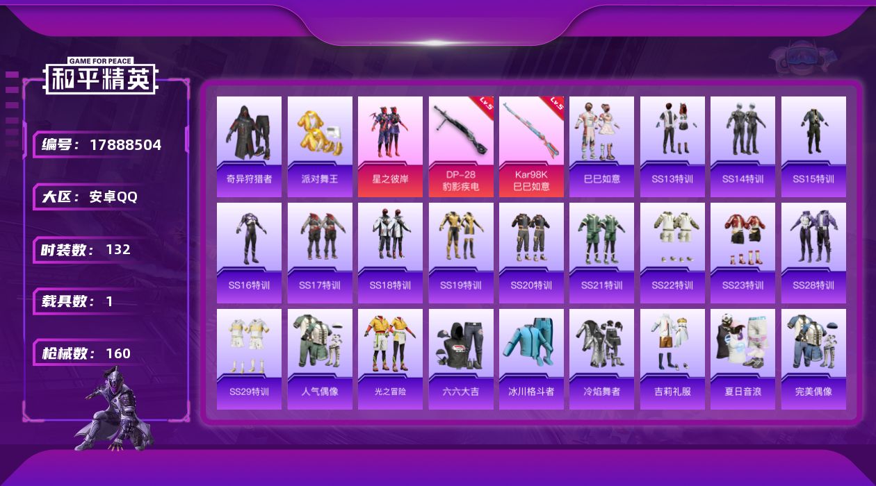 和平精英账号安卓QQ[17888504]安卓，手Q-2粉装-7特效枪-1载具-0粉色飞行器-45217热力值-7王牌印记-132套装-160枪皮
【热门品类】：套装-奇异狩猎者，套装-派对舞王
【粉色套装】：粉装-星之彼