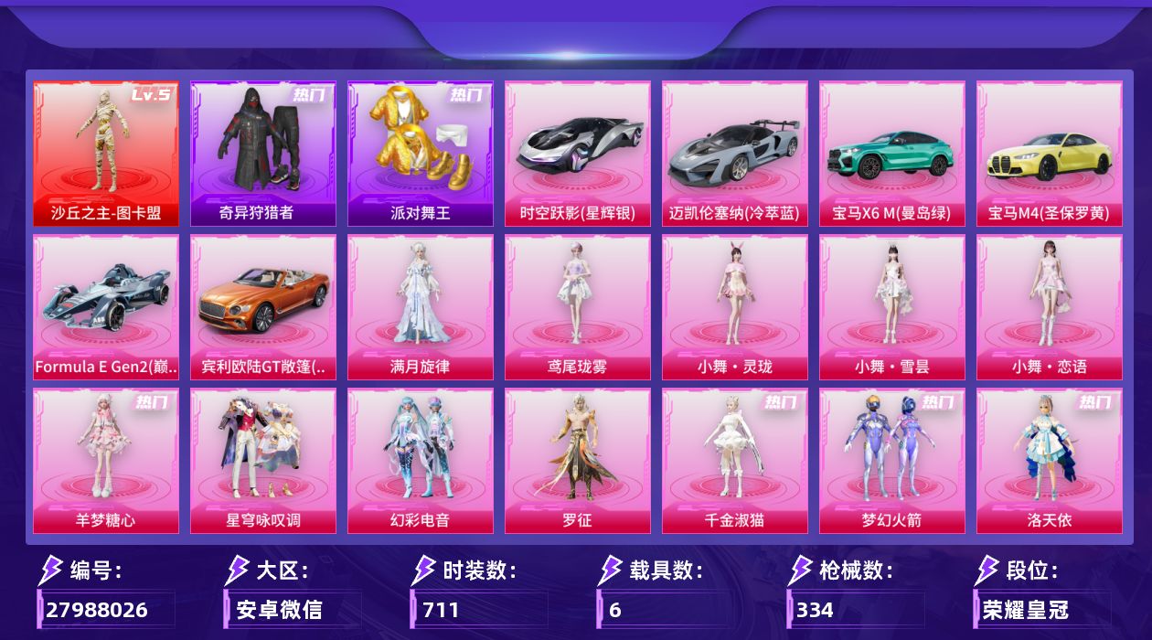 PX_2966403-6载具-198套装-334枪皮-5级图卡盟 梦幻火箭 第五大道 奇异狩猎者 金鞋 1红装4稀有6载具17粉装17特效枪7热门198套装334枪皮 热力值 17印记 历史绝世王牌19星 【1红装】 沙丘之主-图卡盟 (5级) 【4稀有】 奇异狩猎者 AWM-黄金龙骨 派对舞王 派对舞王（金靴子） 【6载具】 宝马M4(圣保罗黄) 宾利欧陆GT火焰橘 宝马X6