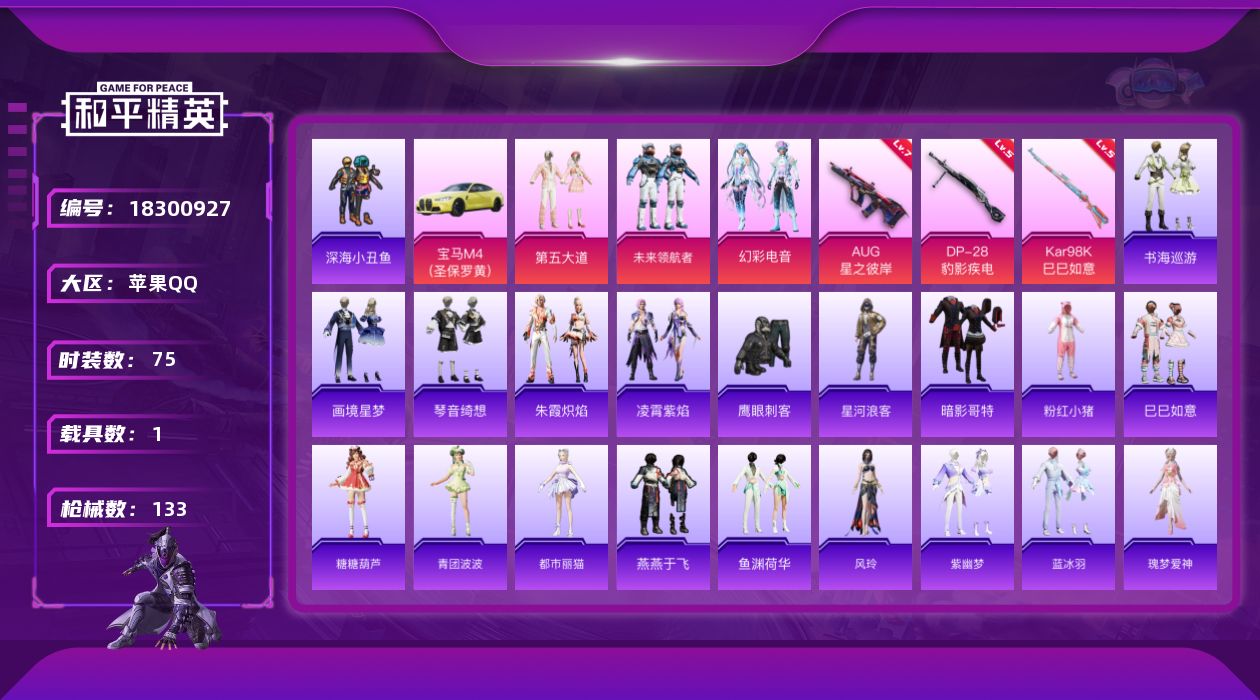 和平精英账号苹果QQ[18300927]【特价出售/店主推荐】苹果 手Q-4粉装-6特效枪-1载具-2粉色飞行器-37702热力值-5王牌印记-75套装-133枪皮
【热门品类】：套装-深海小丑鱼，套装-星河浪客，套装-