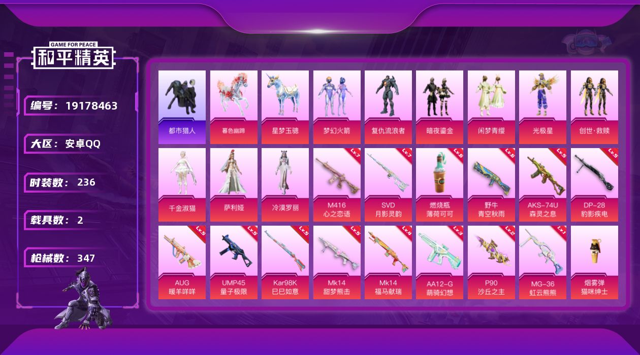 和平精英账号安卓QQ[19178463]安卓 手Q-9粉装-15特效枪-2载具-8粉色飞行器-109838热力值-20王牌印记-236套装-347枪皮
【热门品类】：粉装-梦幻火箭，套装-浪漫天命，套装-都市猎人，角色-