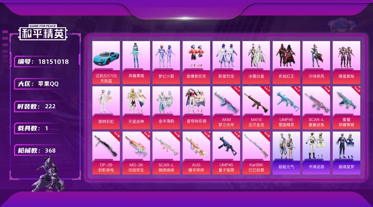 和平精英账号苹果QQ[18151018]【店主推荐捡漏号！可直接换绑】苹果 手Q-12粉装-14特效枪-1载具-7粉色飞行器-110802热力值-19王牌印记-222套装-368枪皮【热门品类】：粉装-梦幻火箭，粉装-音