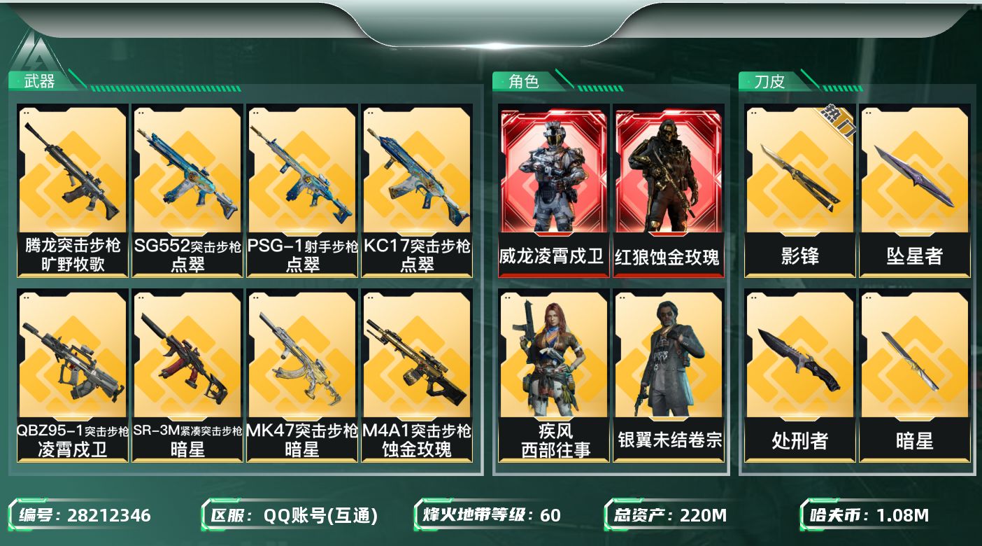 三角洲行动账号QQ[28212346]【终身售后 找回包赔】QQ包人脸，【烽火等级】：60，【总资产】：220M，【烽