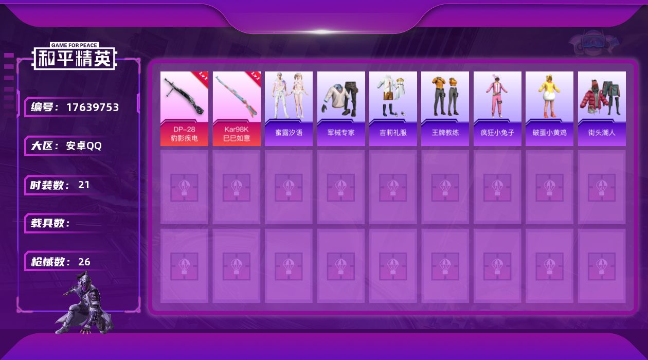 和平精英账号安卓QQ[17639753]可二次【特价出售/店主推荐】安卓 手Q-2粉装-6特效枪-7538热力值-21套装-26枪皮【粉色套装】：角色-虹云熊熊，人物-小舞·灵珑【粉色枪皮等级】：Kar98K-巳巳如意(