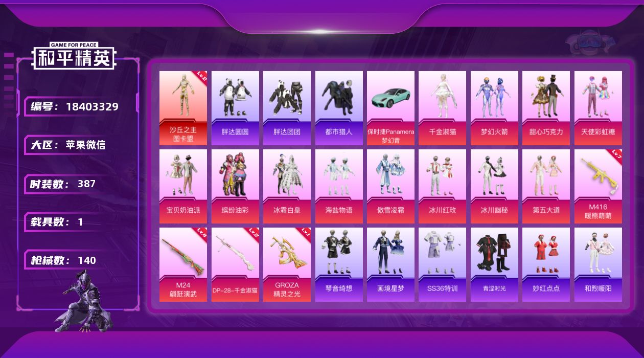 和平精英账号苹果微信1载具-101套装-140枪皮-图卡盟2级 都市 三姐妹 猪妹1红装2稀有1载具12粉装13特效枪1