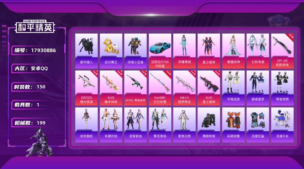 和平精英账号安卓QQ[17930886]安卓 手Q-4粉装-10特效枪-1载具-2粉色飞行器-56956热力值-6王牌印记-150套装-199枪皮
【热门品类】：套装-浪漫天命，套装-都市猎人，套装-派对舞王，套装-深海