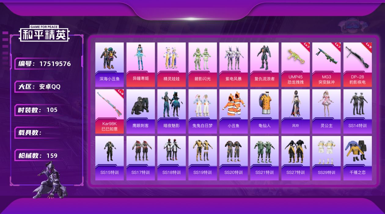 和平精英账号安卓QQ[17519576]安卓 手Q-5粉装-9特效枪-0载具-3粉色飞行器-56824热力值-13王牌印记-105套装-159枪皮
【热门品类】：套装-深海小丑鱼，套装-小丑鱼，套装-龟仙人
【粉色套装】