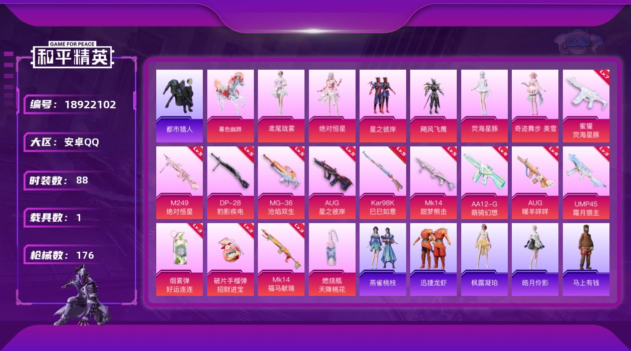 和平精英账号安卓QQ[18922102]安卓 手Q-6粉装-14特效枪-1载具-6粉色飞行器-52211热力值-1王牌印记-88套装-176枪皮
【热门品类】：套装-都市猎人
【粉色套装】：角色-绝对恒星，粉装-星之彼岸