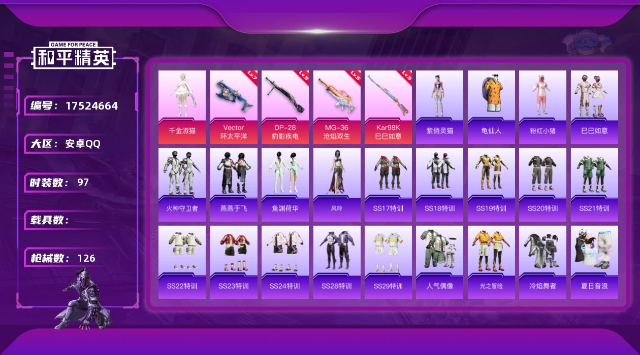 和平精英账号安卓QQ[17524664]安卓 手Q-1粉装-4特效枪-0载具-0粉色飞行器-38968热力值-11王牌印记-97套装-126枪皮
【热门品类】：套装-龟仙人，套装-粉红小猪
【粉色套装】：角色-千金淑猫
