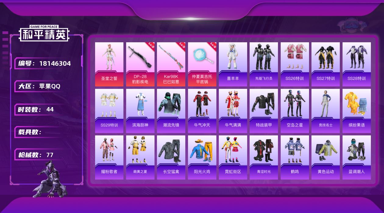 和平精英账号苹果QQ[18146304]【特价出售/店主推荐】苹果 手Q-1粉装-3特效枪-20798热力值-2王牌印记-44套装-77枪皮【粉色套装】：角色-圣堂之誓【粉色枪皮等级】：Kar98K-巳巳如意(五级)，D