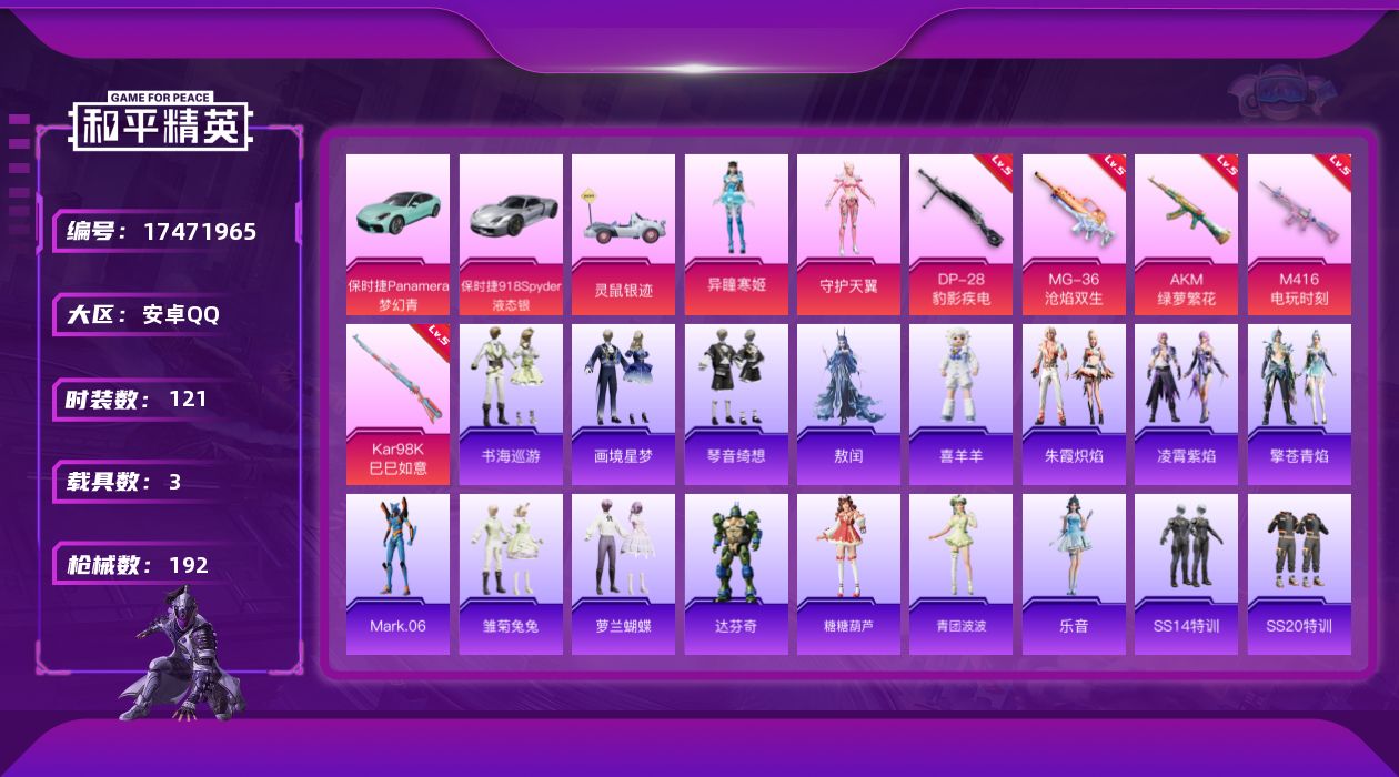 和平精英账号安卓QQ[17471965]【特价出售/店主推荐】安卓 手Q-2粉装-7特效枪-3载具-2粉色飞行器-53456热力值-17王牌印记-121套装-192枪皮
【热门品类】：角色-Mark.06
【粉色套装】：