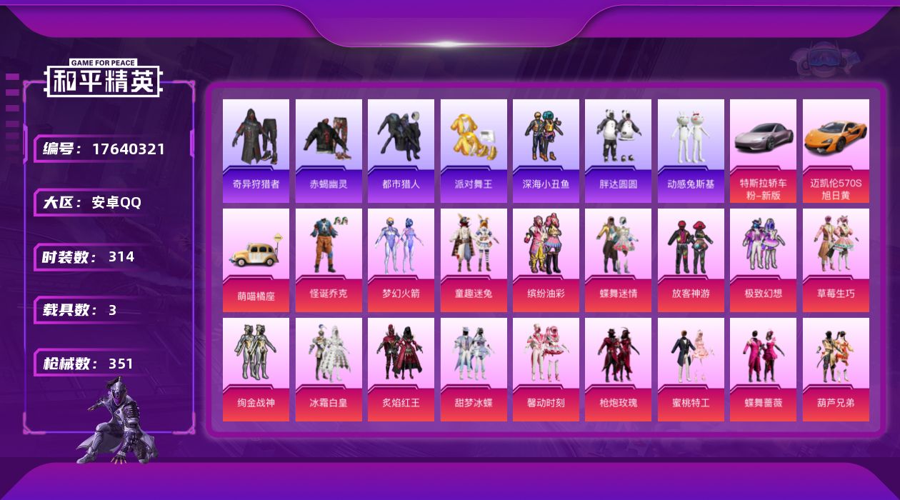 和平精英账号安卓QQ[17640321]【店主推荐捡漏号！可直接换绑】安卓 手Q-35粉装-9特效枪-3载具-9粉色飞行器-138959热力值-20王牌印记-314套装-351枪皮【热门品类】：粉装-怪诞乔克，粉装-梦幻