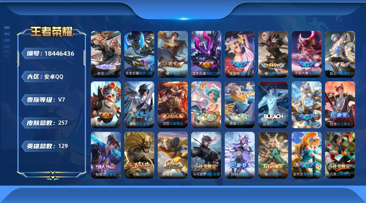 王者荣耀账号安卓QQ[18446436]129英雄-257皮肤--V7-1无双8传说 金标夏洛特 1星传说 幽冥之眼【全