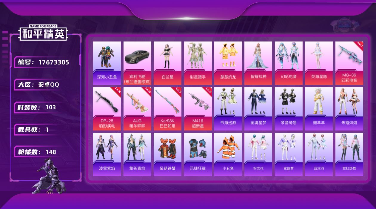 和平精英账号安卓QQ[17673305]安卓 手Q-6粉装-7特效枪-1载具-2粉色飞行器-46258热力值-9王牌印记-103套装-148枪皮
【热门品类】：套装-深海小丑鱼，套装-小丑鱼
【粉色套装】：角色-白兰星，