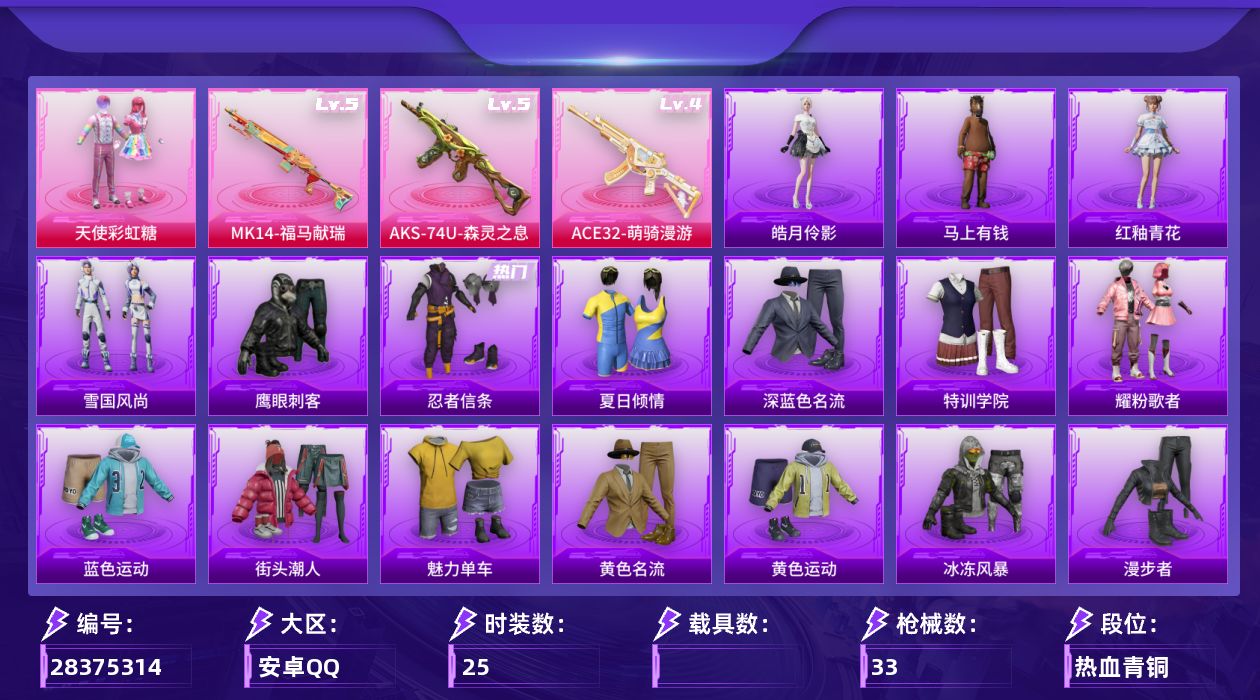 [28375314]【FK7952】25套装/枪械3/装备31/战备23/王牌印记1/热力值8457/甜心宝贝背包(1级)/幻影战神背包(3级)/幻影战神背包(2级)/幻影战神背包(1级)/金羽特工背包(3级)/金羽特工背包(1级)/幻影战神头盔(3级)/幻影战神头盔(2级)/幻影战神头盔(1级)/深海小丑鱼头盔(1级)/金羽特工头盔(3级)/金羽特工头盔(2级)/金羽特工头盔(1级)/忍者信条/四级ACE32-萌骑漫游/五级AKS-74U-森灵之息/五级MK14-福马献瑞/幻影战神降落伞/甜心宝贝降落伞/荧海星豚降落伞/ACE32-萌骑漫游/AKS-74U-森灵之息/MK14-福马献瑞/夏日倾情/深蓝色名流/特训学院/耀粉歌者/蓝色运动/街头潮人/魅力单车/黄色名流/黄色运动/鹰眼刺客/冰冻风暴/漫步者/幻影公爵/天使彩虹糖/GROZA-影袭/AUG-幻影战神/UZI-幻影战神/UZI-影袭/UMP45-绒宝小鹅/汤姆逊-幻影战神/汤姆逊-像素花束/Kar98K-幻影战神/M24-影袭/Mini14-穿刺龙虾/S12K-幻影战神/DP-28-彩虹符号/DP-28-甜心宝贝/雪国风尚/马上有钱/雨过天青/红釉青花/皓月伶影