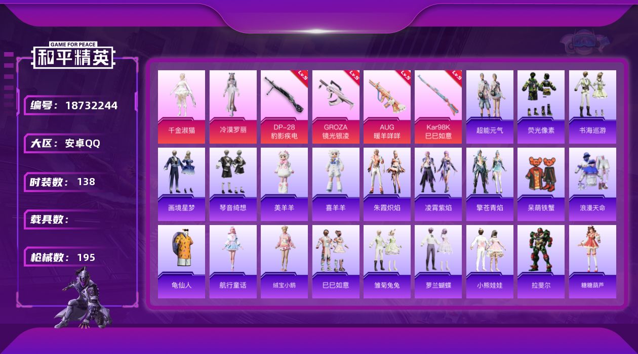 和平精英账号安卓QQ[18732244]安卓 手Q-3粉装-8特效枪-0载具-1粉色飞行器-57280热力值-9王牌印记-138套装-195枪皮
【热门品类】：套装-浪漫天命，套装-龟仙人
【粉色套装】：角色-千金淑猫，