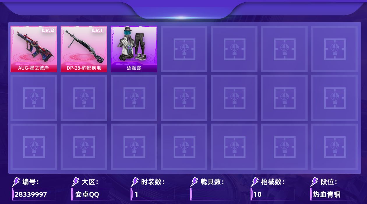 [28339997]【FK8750】1套装/枪械2/装备5/战备9/热力值1321/二级AUG-星之彼岸/一级DP-28-豹影疾电/AUG星之彼岸/DP-28-豹影疾电/蓝调潮人/AC-VAL-六号稻草人/Vector-彩虹符号/M24-影袭/Mini14-穿刺龙虾/S12K-幻影战神