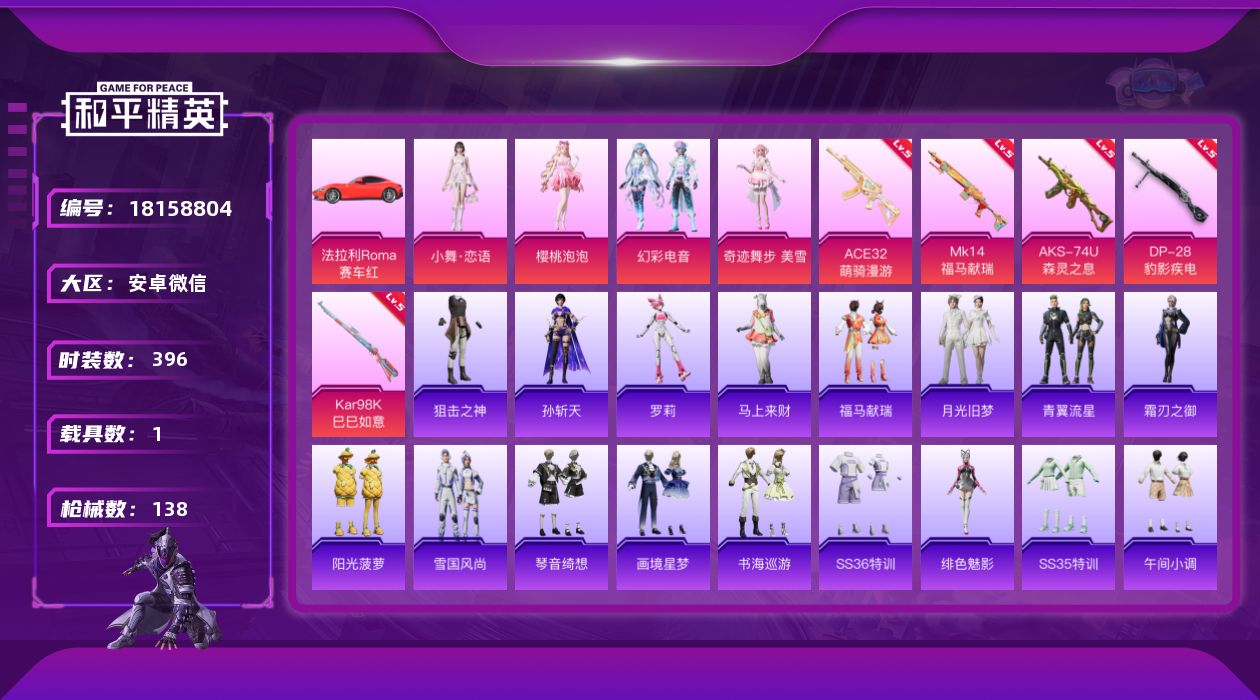 和平精英账号安卓微信[18158804]4粉装 6特效枪 1载具 10印记 可二次 可修改实名 
【热门装扮】奇迹舞步-