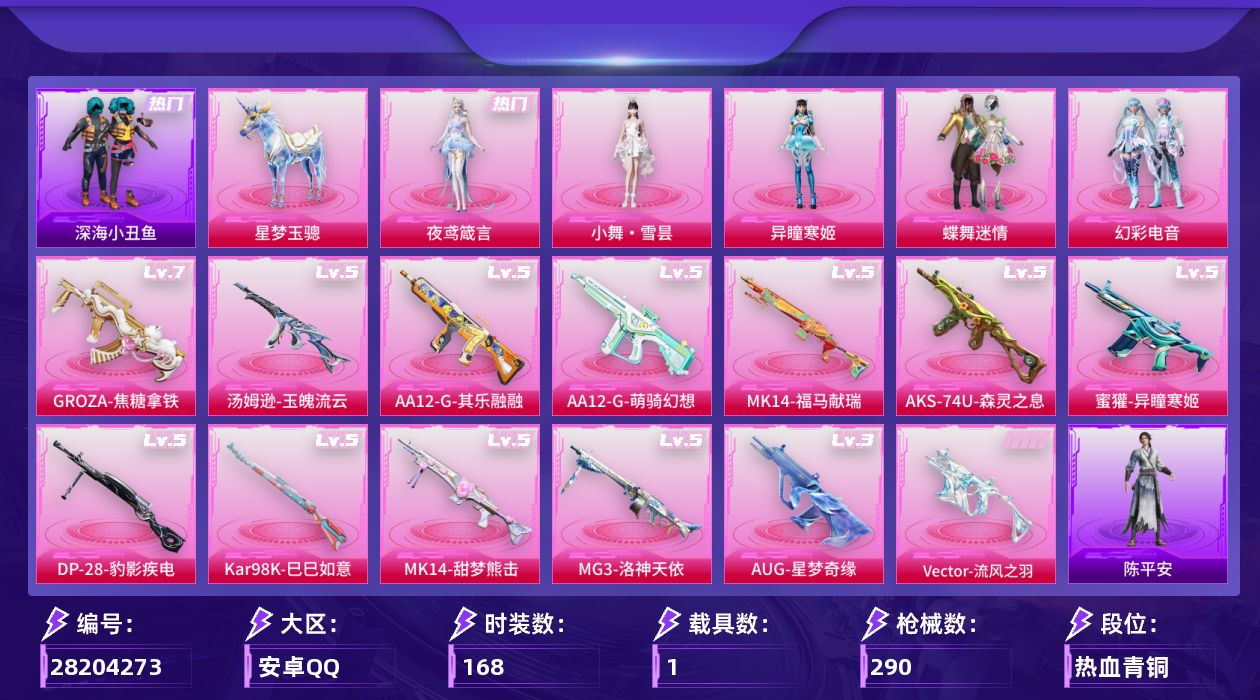 [28204273]安卓手Q-历史最高段位：卓越王牌9星-5粉装-13特效枪-1载具-4粉色飞行器-76492热力值-10王牌印记-168套装-290枪皮
【热门品类】：套装-深海小丑鱼，套装-小丑鱼，套装-AG战队服，套装-龟仙人
【粉色套装】：粉装-蝶舞迷情，粉装-幻彩电音，角色-异瞳寒姬，人物-小舞·雪昙，角色-夜鸢箴言
【粉色枪皮等级】：GROZA-焦糖拿铁(七级)，AUG-星梦奇缘(三级)，蜜獾-异瞳寒姬(五级)，Vector-流风之羽(五级)，汤姆逊-玉魄流云(五级)，AKS-74U-森灵之息(五级)，Kar98K-巳巳如意(五级)，Mk14-甜梦熊击(五级)，Mk14-福马献瑞(五级)，AA12-G-萌骑幻想(五级)，AA12-G-其乐融融(五级)，DP-28-豹影疾电(五级)，MG3-洛神天依(五级)
【粉色载具】：星梦玉骢
【粉色枪皮】：GROZA-焦糖拿铁，AUG-星梦奇缘，蜜獾-异瞳寒姬，Vector-流风之羽，汤姆逊-玉魄流云，AKS-74U-森灵之息，Kar98K-巳巳如意，Mk14-甜梦熊击，Mk14-福马献瑞，AA12-G-萌骑幻想，AA12-G-其乐融融，DP-28-豹影疾电，MG3-洛神天依
【粉色飞行器】：炫彩糖果飞行器，沙丘之主天马，动力核心飞行器，踏卷乘风飞行器
【粉色降落伞】：绝对恒星降落伞，碎梦浮光降落伞，破风疾驰降落伞，夏日绵绵冰降落伞，洛神天依降落伞，飒粉甜心降落伞，星梦奇缘降落伞，月影灵韵降落伞，星穹咏叹调降落伞，无垠阁降落伞，喜羊羊与灰太狼降落伞，异瞳寒姬降落伞，炫彩糖果降落伞，天马神君降落伞，虎痴许褚降落伞，吾皇猫降落伞
【稀有套装】：套装-龟仙人，套装-巳巳如意，套装-超能元气，角色-超感刻度，套装-雪国风尚，套装-炫彩糖果，角色-魂电，角色-阿虎，套装-马上有钱，套装-迅捷龙虾，套装-遗迹猎人，套装-云宝联名款，套装-其乐融融，套装-彩旗巡礼，套装-恋语绒绒，套装-晴夏甜甜，套装-绝刃双刀，套装-荒原烈焰，套装-云水剑心，套装-破界重生，套装-燕燕于飞，套装-鱼渊荷华，角色-海琴烟，套装-粉恋花，套装-紫幽梦，套装-蓝冰羽，套装-星影赞美诗，套装-云朵鹅，套装-雪绒豹，套装-朱霞炽焰，套装-凌霄紫焰，套装-擎苍青焰，玩偶服-懒羊羊，玩偶服-美羊羊，玩偶服-喜羊羊，套装-书海巡游，套装-画境星梦，套装-琴音绮想，套装-雨过天青，