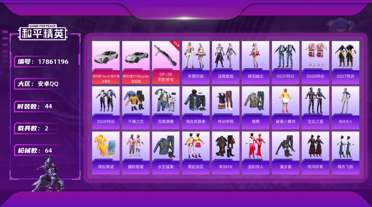 和平精英账号安卓QQ[17861196]【特价出售/店主推荐】安卓 手Q-1粉装-4特效枪-2载具-1粉色飞行器-19697热力值-2王牌印记-44套装-64枪皮【粉色套装】：角色-虹云熊熊【粉色枪皮等级】：ACE32-