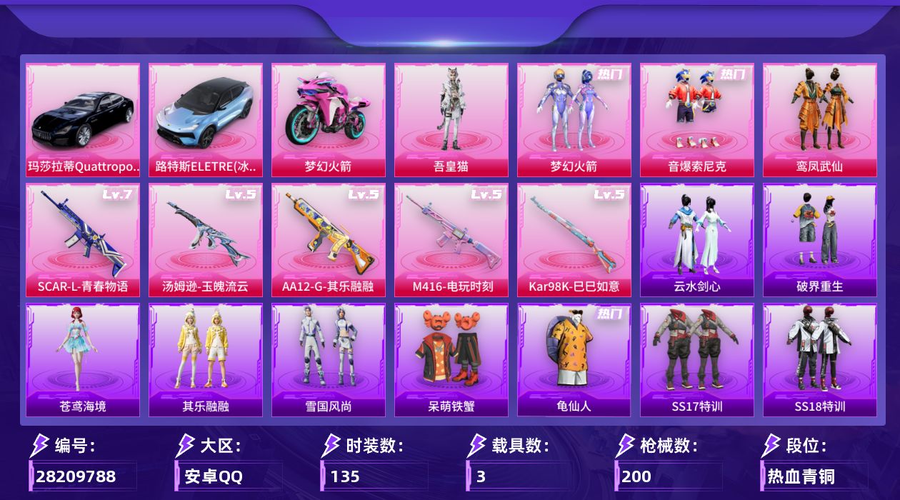 [28209788]安卓手Q-历史最高段位：超级王牌8星-4粉装-5特效枪-3载具-2粉色飞行器-61501热力值-10王牌印记-135套装-200枪皮
【热门品类】：粉装-梦幻火箭，粉装-音爆索尼克，套装-龟仙人
【粉色套装】：粉装-梦幻火箭，粉装-鸾凤武仙，粉装-音爆索尼克，角色-吾皇猫
【粉色枪皮等级】：SCAR-L-青春物语(七级)，M416-电玩时刻(五级)，汤姆逊-玉魄流云(五级)，Kar98K-巳巳如意(五级)，AA12-G-其乐融融(五级)
【粉色载具】：路特斯ELETRE（冰川蓝），玛莎拉蒂Quattroporte（夜幕蓝），双人摩托-梦幻火箭
【粉色枪皮】：SCAR-L-青春物语，M416-电玩时刻，汤姆逊-玉魄流云，Kar98K-巳巳如意，AA12-G-其乐融融
【粉色飞行器】：炫彩糖果飞行器，彩虹独角兽飞行器
【粉色降落伞】：满月旋律降落伞，灰烬之翎降落伞，甜蜜誓约降落伞，恐龙拽拽降落伞，歌者泠鸢降落伞，暗夜鎏金降落伞，音爆索尼克降落伞，第五大道降落伞，飒粉甜心降落伞，圣堂之誓降落伞，异瞳寒姬降落伞，炫彩糖果降落伞，罪夜之冕降落伞
【稀有套装】：套装-龟仙人，套装-雪国风尚，套装-炫彩糖果，套装-其乐融融，套装-恋语绒绒，套装-云水剑心，套装-破界重生，套装-冰河战士，套装-香桃花海，套装-破风疾驰，套装-霓虹热舞，角色-苍鸢海境
【稀有枪皮】：AKM-彩虹符号，AKM-恐龙拽拽，AKM-破晓战魂，AKM-缤纷海域，AKM-霓虹街区，AKM-龙的传人，M16A4-幻世战舞者，M16A4-甜心亚梦，SCAR-L-炫彩节奏，SCAR-L-碧影闪光，SCAR-L-红色方程式，M416-夜灯，M416-糯团青竹，M416-蓝色火焰，GROZA-异彩先驱，GROZA-影袭，GROZA-懵萌河马，GROZA-田园牧歌，GROZA-蓝莓炮弹，AUG-天降萌叽，AUG-耀粉歌者，QBZ-彩虹符号，QBZ-飞驰魅影，M762-天降萌叽，M762-彩虹符号，M762-暖熊萌萌，M762-暗夜鎏金，M762-瑞龙福将，Mk47-妙红点点，G36C-懵萌河马，G36C-青丘仙客，AC-VAL-天降萌叽，AC-VAL-甜心亚梦，AC-VAL-六号稻草人，蜜獾-天降萌叽，蜜獾-娇憨猪猪，UZI-啾咪啾咪，UZI-天降萌叽，UZI-娇憨猪猪，UZI-竞技角斗士，UZI-红色方程式，UMP4