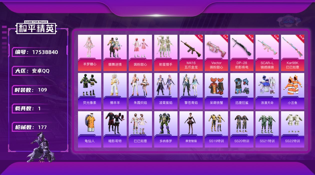 和平精英账号安卓QQ[17538840]安卓 手Q-5粉装-7特效枪-1载具-2粉色飞行器-52436热力值-6王牌印记-109套装-177枪皮
【热门品类】：套装-浪漫天命，套装-小丑鱼，套装-龟仙人，套装-暗影哥特
