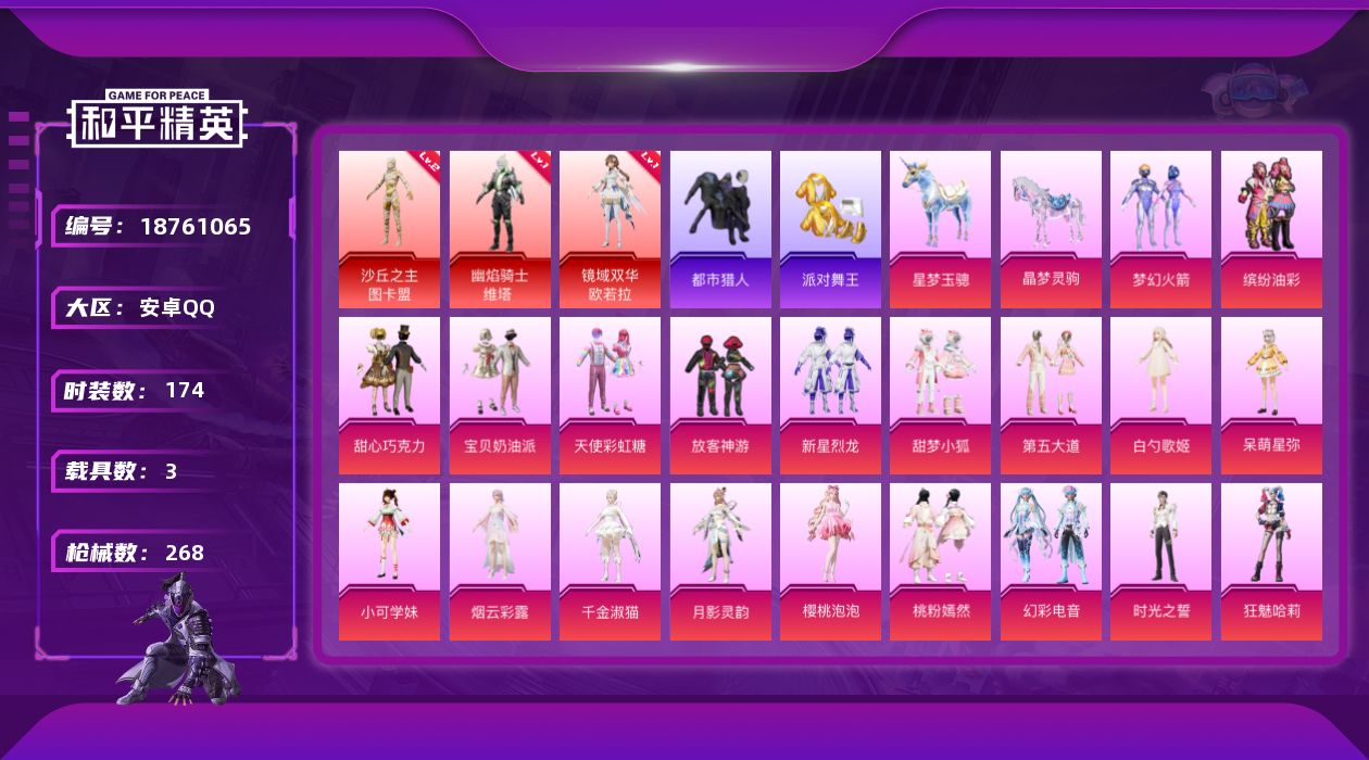 和平精英账号安卓QQ[18761065]安卓 手Q-3神装-23粉装-22特效枪-3载具-16粉色飞行器-98770热力值-11王牌印记-174套装-268枪皮
【红色神装等级】：幽焰骑士-维塔(一级)，镜域双华-欧若拉